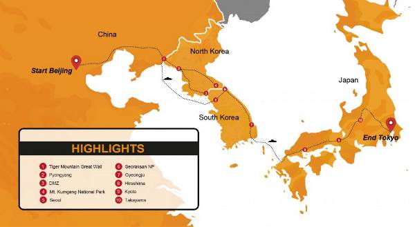 Map: North Korea, South Korea & Japan Group Tour (Madventure)