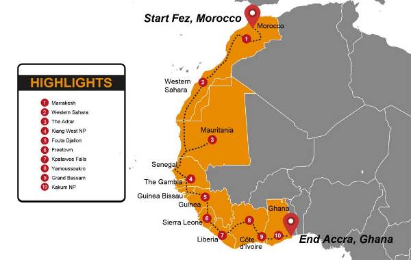 Map: Morocco To Ghana Group Overland Tour (Madventure)