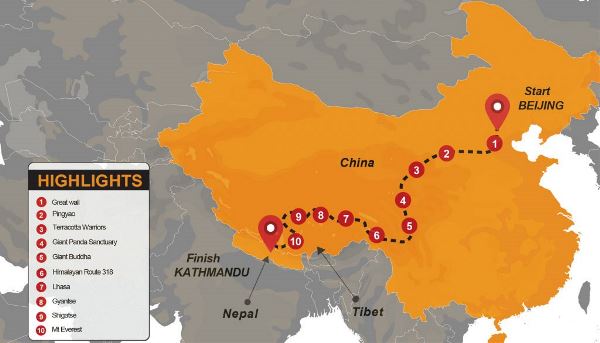 Map: China, Tibet & Nepal Overland Expedition (Madventure)