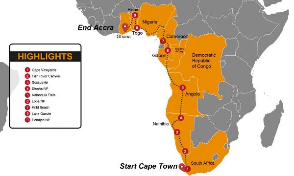 Map: Cape Town To Ghana Group Overland Tour (Madventure)