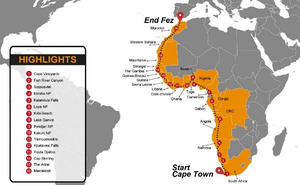 Map: Cape Town To Morocco Group Overland Tour (Madventure)
