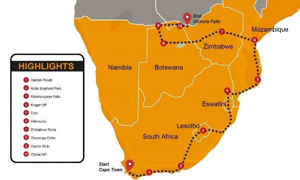 Map: Cape Town To Victoria Falls Group Overland Tour (Madventure)