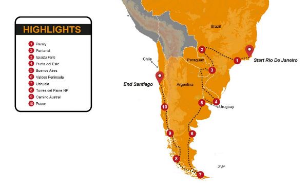 Map: Rio De Janeiro To Santiago Overland Group Tour (Madventure)