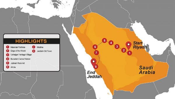 Map: Saudi Arabia 12 Day Group Tour (Madventure)