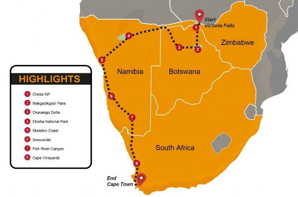 Map: Victoria Falls To Cape Town Group Overland Tour (Madventure)