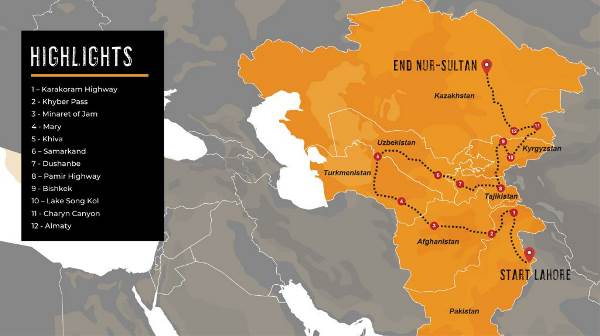 Map: Lahore To Nur-Sultan Overland Expedition (Dragoman)