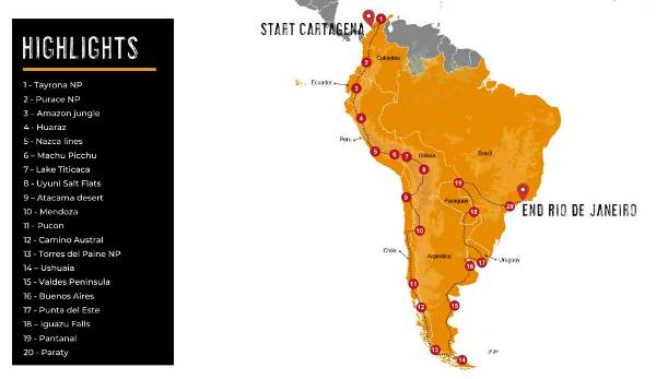 Map: Cartagena To Rio De Janeiro Overland Expedition (Dragoman)