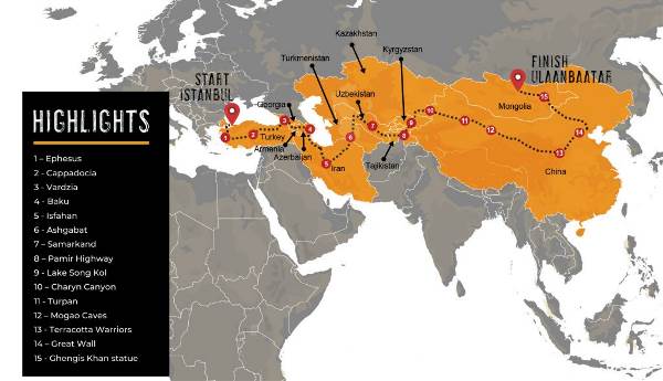 Map: Istanbul To Ulaanbaatar Overland Expedition (Dragoman)