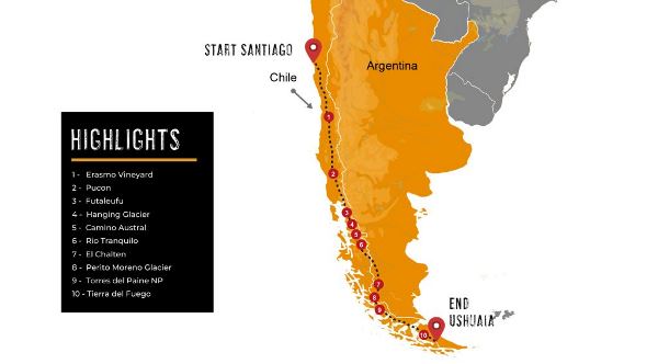 Map: Santiago To Ushuaia Overland Expedition (Dragoman)