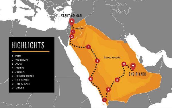 Map: Amman To Riyadh Overland Expedition (Dragoman)