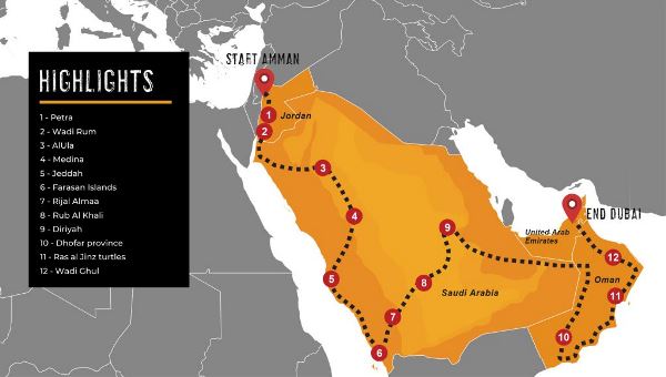 Map: Amman To Dubai Overland Expedition (Dragoman)