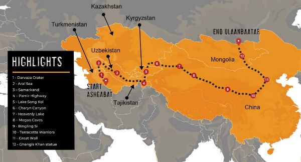Map: Ashgabat To Ulaanbaatar Overland Expedition (Dragoman)