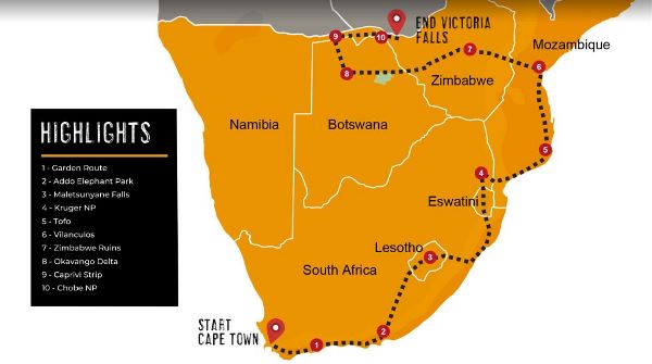 Map: Cape Town To Victoria Falls Overland Expedition (Dragoman)