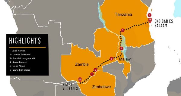 Map: Victoria Falls To Zanzibar Overland Expedition (Dragoman)