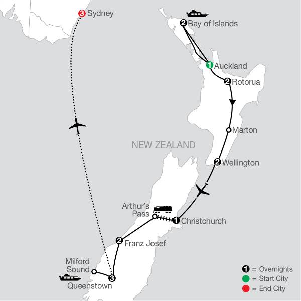 Map: Best of New Zealand with Sydney (Globus)