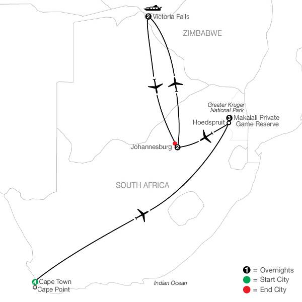 Map: Splendors of South Africa & Victoria Falls (Globus)