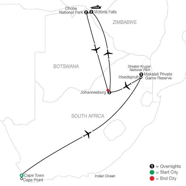 Map: Splendors of South Africa & Victoria Falls with Chobe National Park (Globus)