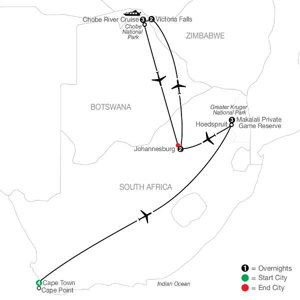 Map: Splendors of South Africa & Victoria Falls with Chobe River Cruise (Globus)