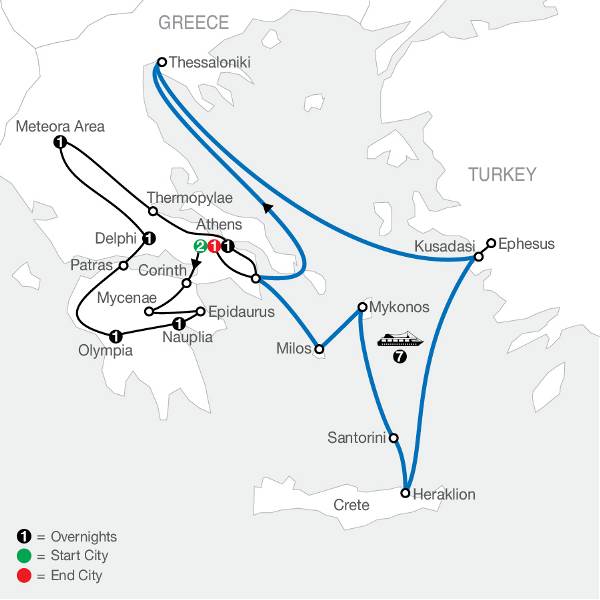 Map: Classical Greece with Idyllic Aegean 7-Night Cruise (Globus)