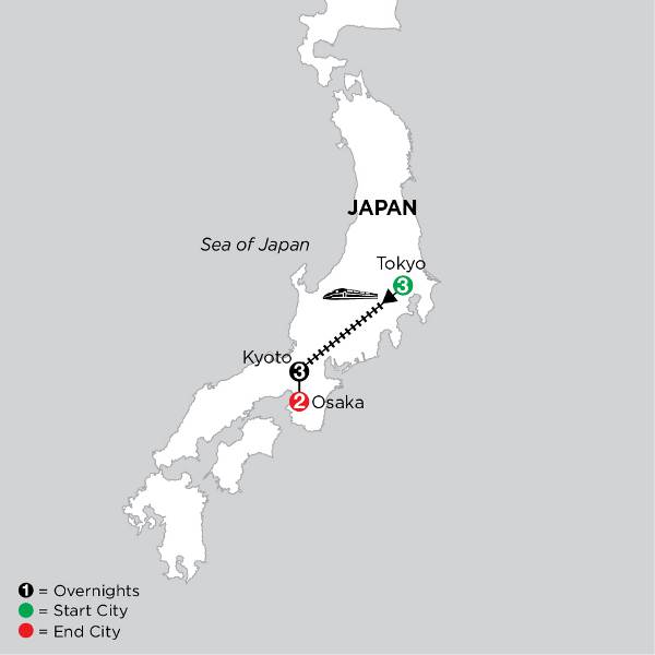 Map: Independent Tokyo, Kyoto & Osaka City Stays (Globus)