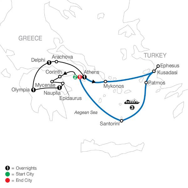 Map: Greek Escape plus 3-night Iconic Cruise (Globus)