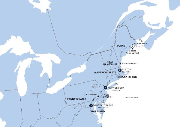 Map: Best of East Coast USA (Insight Vacations)
