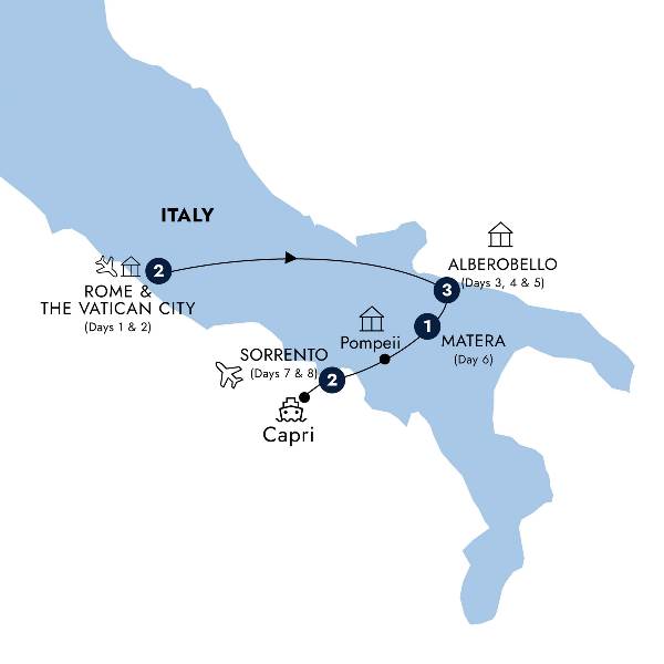 Map: Country Roads of Puglia & the Neapolitan Riviera (Insight Vacations)