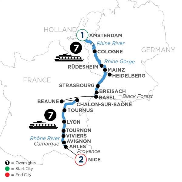 Map: Rhine & Rhône Revealed with 1 Night in Amsterdam & 2 Nights in Nice (Southbound) (Avalon)