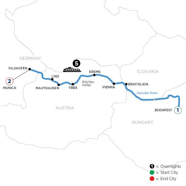 Map: Danube Symphony with 1 Night in Budapest & 2 Nights in Munich (Westbound) (Avalon)