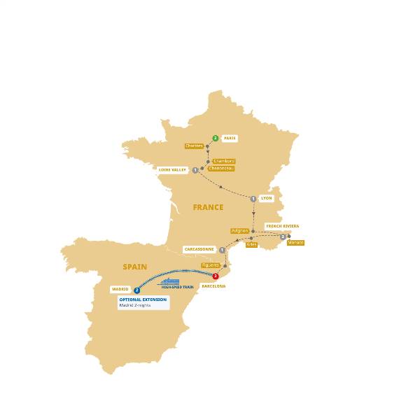 Map: Highlights of France and Barcelona (Trafalgar Tours)