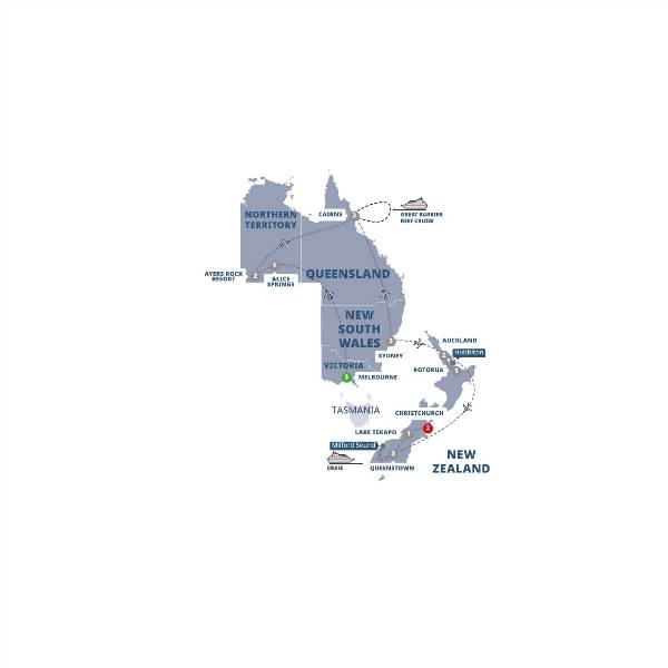 Map: Highlights of Australia and New Zealand (Trafalgar Tours)